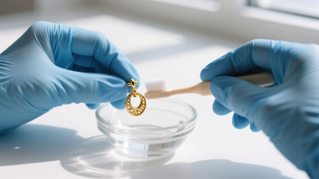 Close-up of hands in blue nitrile gloves using a soft baby toothbrush to gently scrub a gold earring post in a small glass bowl.