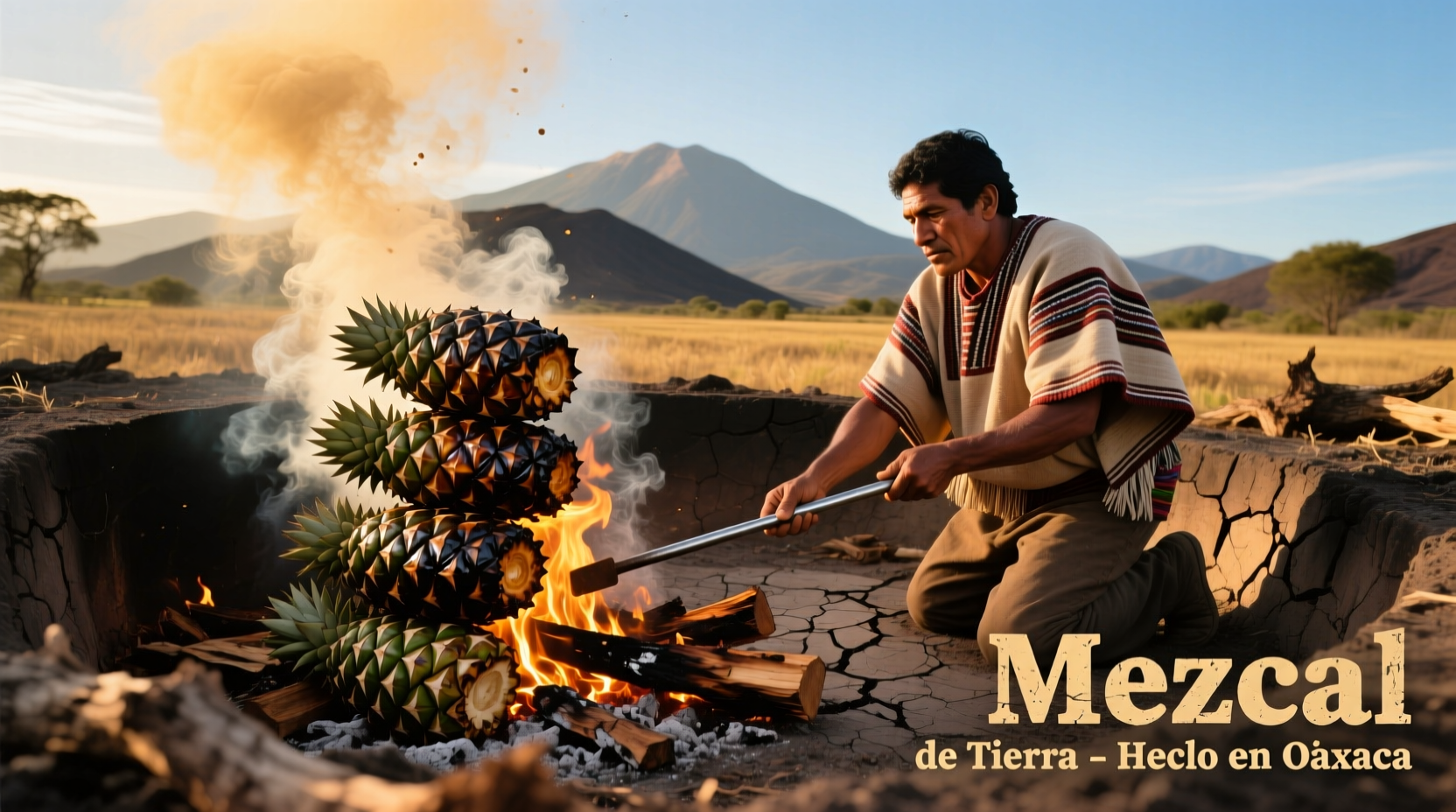 Traditional mezcal production showing agave roasting in underground pit