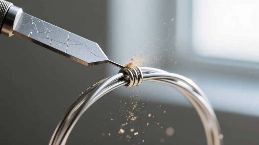 Macro shot of a needle file smoothing the sharp end of a silver wire hoop, showing metal dust and precise tension closure prep.