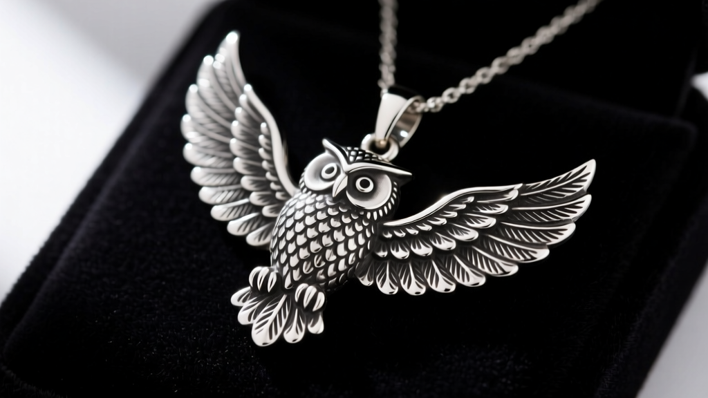 Close-up of a .925 sterling silver owl pendant on black velvet, showing intricate cast feather textures and dark oxidized patina