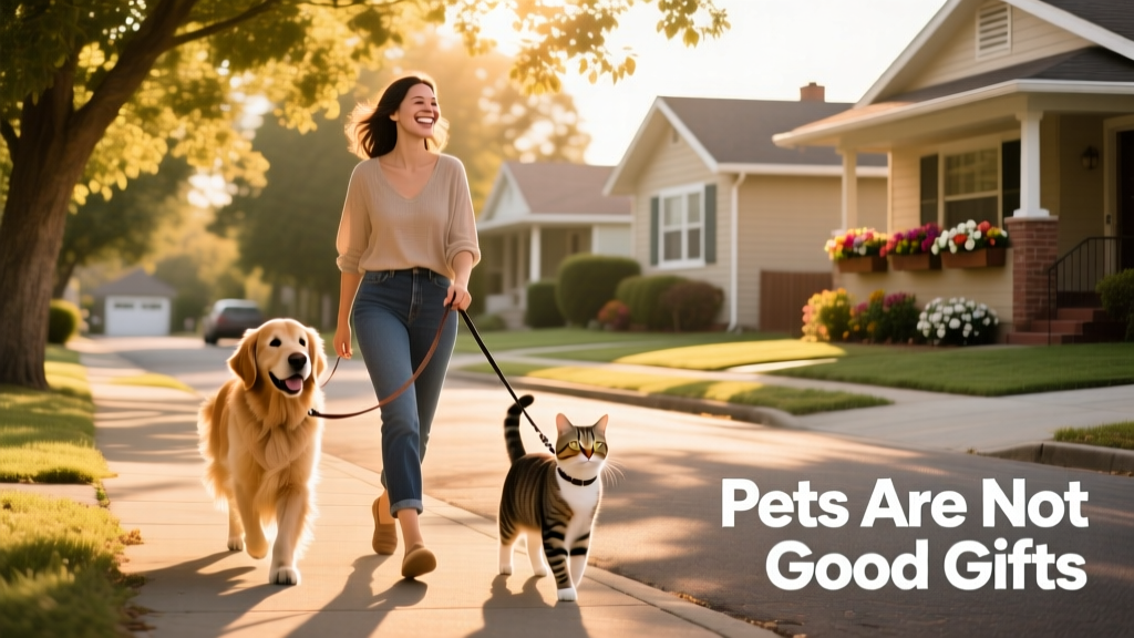 A woman walking two dogs and a cat on a sunny neighborhood street, smiling
