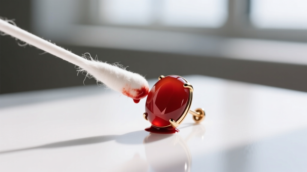Macro shot of an alcohol-soaked cotton swab testing a bright red carnelian earring for dye bleeding on a white surface.