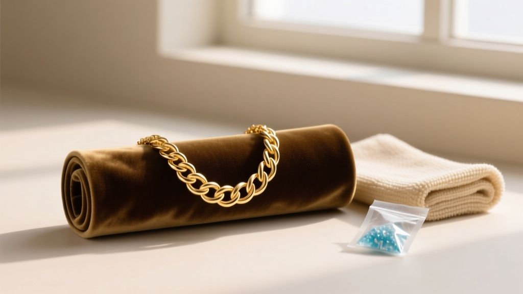 Anti-tarnish velvet jewelry roll holding a coiled gold necklace, next to a treated polishing cloth and a small silica gel packet