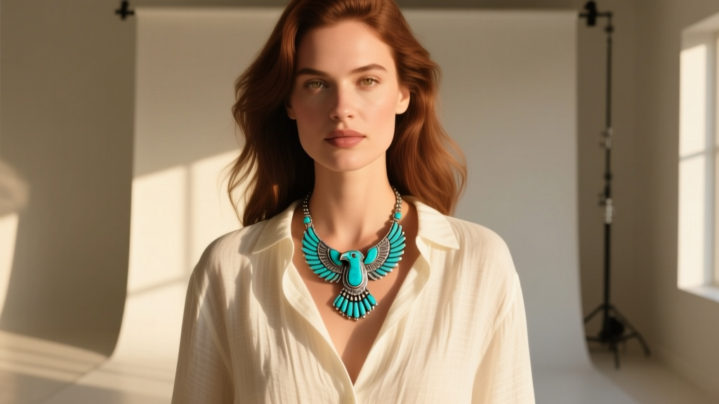 A woman wearing a vintage Navajo turquoise eagle necklace layered over a cream linen shirt, captured in warm natural sunlight.