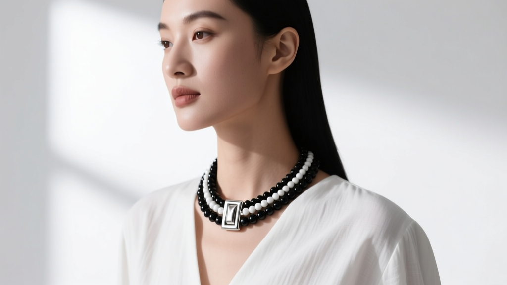 Woman wearing a black and white beaded necklace with a silver clasp, showing the high contrast against a crisp white linen blouse.
