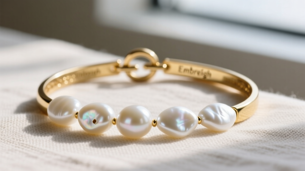 Close-up of an Embreigh pearl choker on linen, showing the gold-plated toggle clasp and 4mm irregular white freshwater pearls.