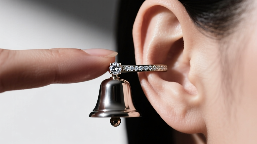 Close-up of a finger pushing a platinum bell back onto a thick 18-gauge diamond stud post, showing alignment with the earlobe.