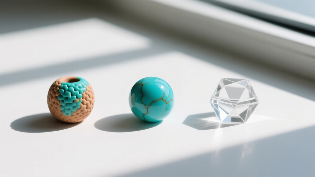 Overhead flat lay comparing raw polymer clay beads, polished natural turquoise stone beads, and lightweight laser-cut acrylic bead