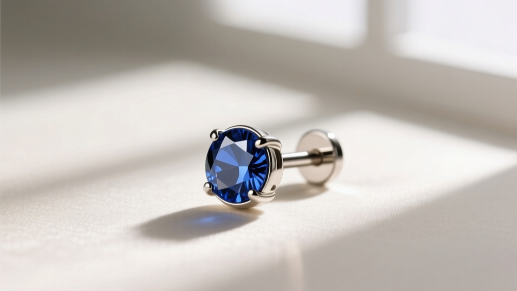 Macro shot of an 18-gauge implant-grade titanium flat-back labret earring with a bezel-set sapphire, angled on soft silk.
