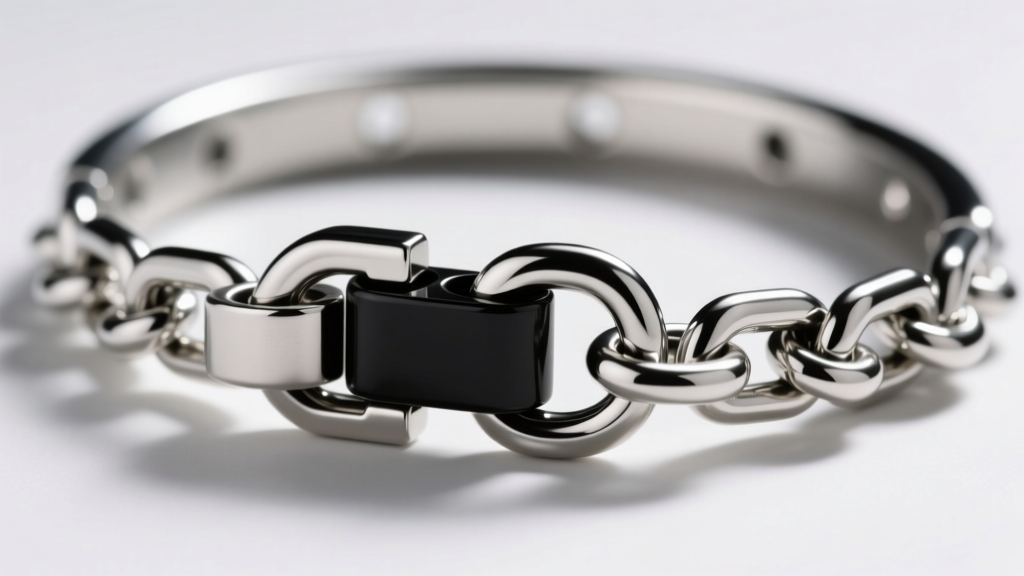 Detailed shot of a heavy-duty neodymium magnetic clasp with a safety chain attached to a thick 12-gauge sterling silver choker.
