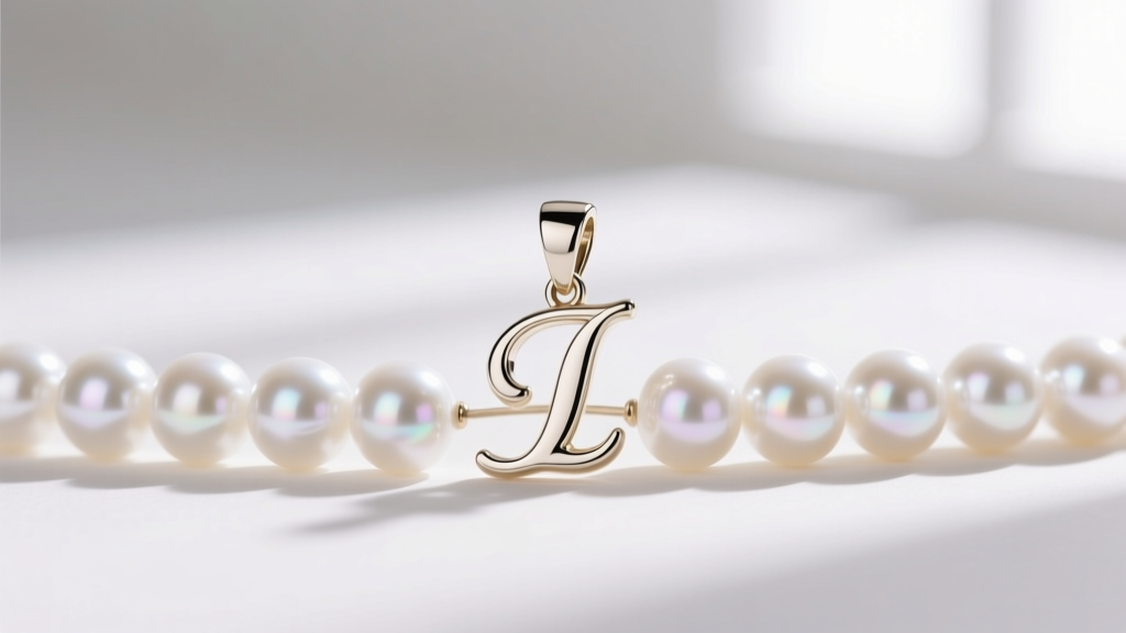 Macro close-up of a 14k white gold lowercase initial pendant resting on a strand of round, high-luster white Akoya pearls.