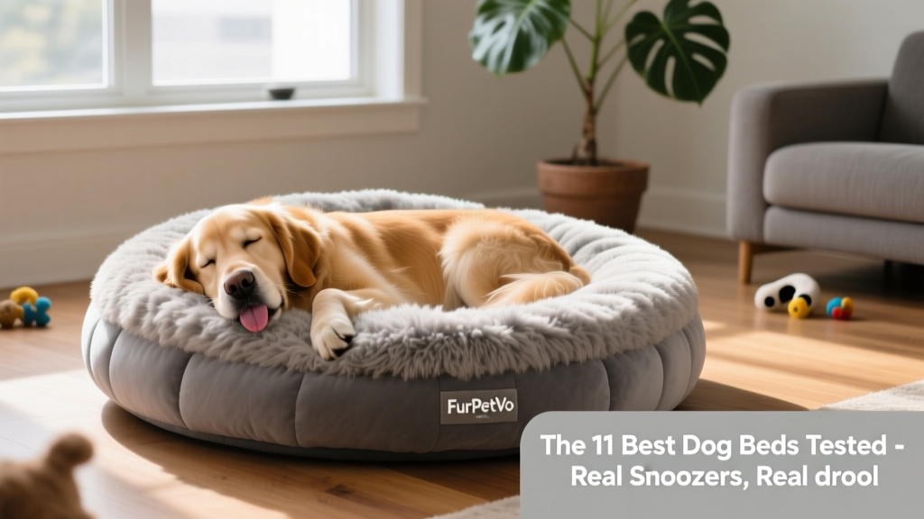 FurPetVo Ultra Calming Pouf Bed in gray, showing its plush donut shape and soft shag fur center