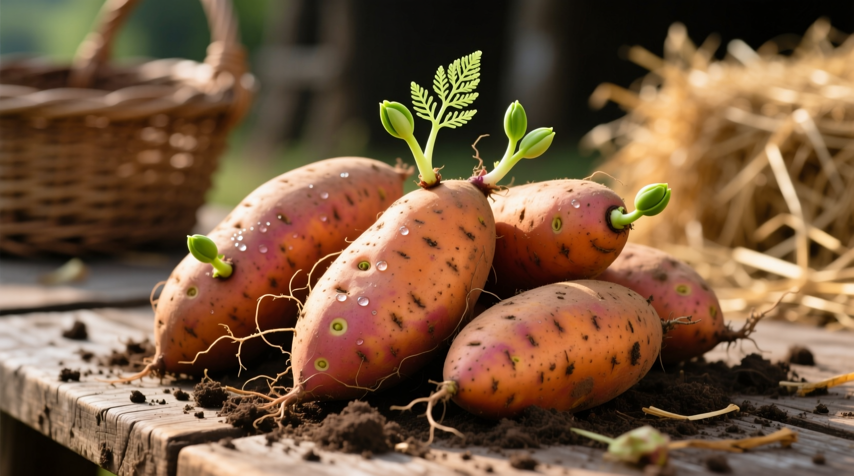Fresh sweet potatoes with small sprouts emerging from eyes