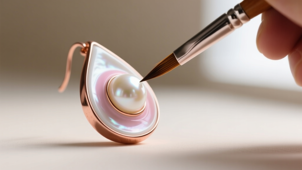 Artisan brush applying white and pink enamel layers onto a copper teardrop earring base to create a realistic faux pearl effect