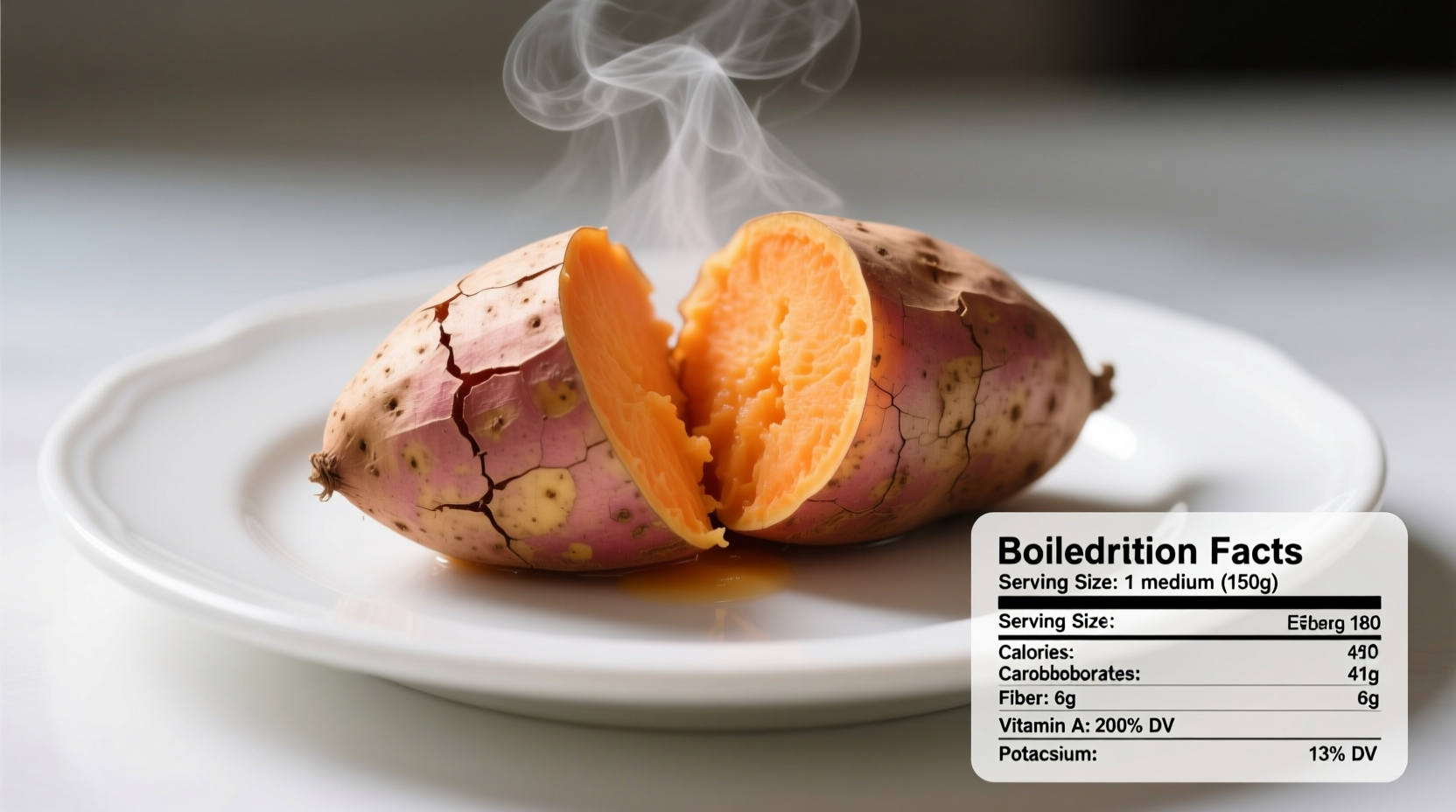 Nutrition facts of boiled sweet potato on white plate