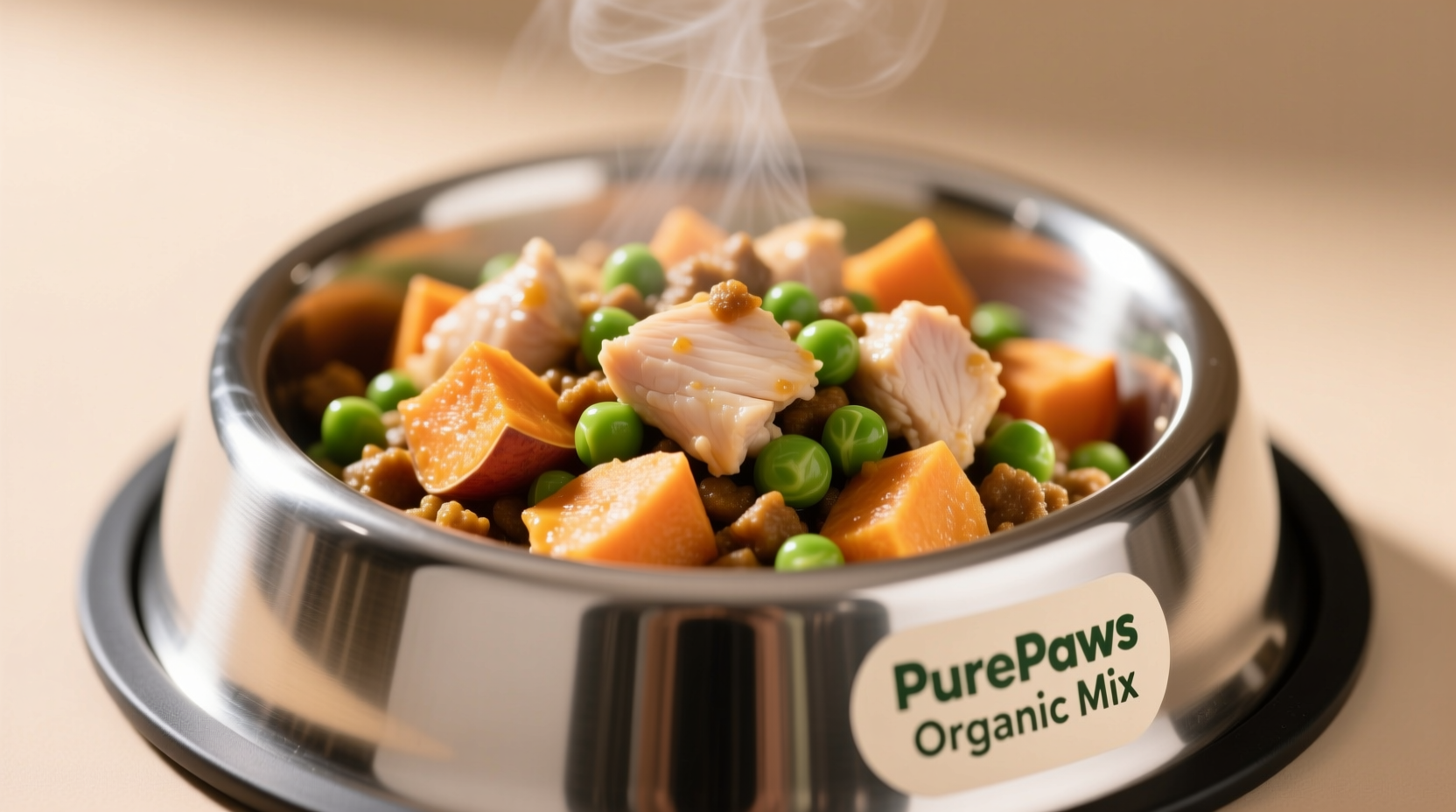 Freshly prepared dog food in stainless steel bowl