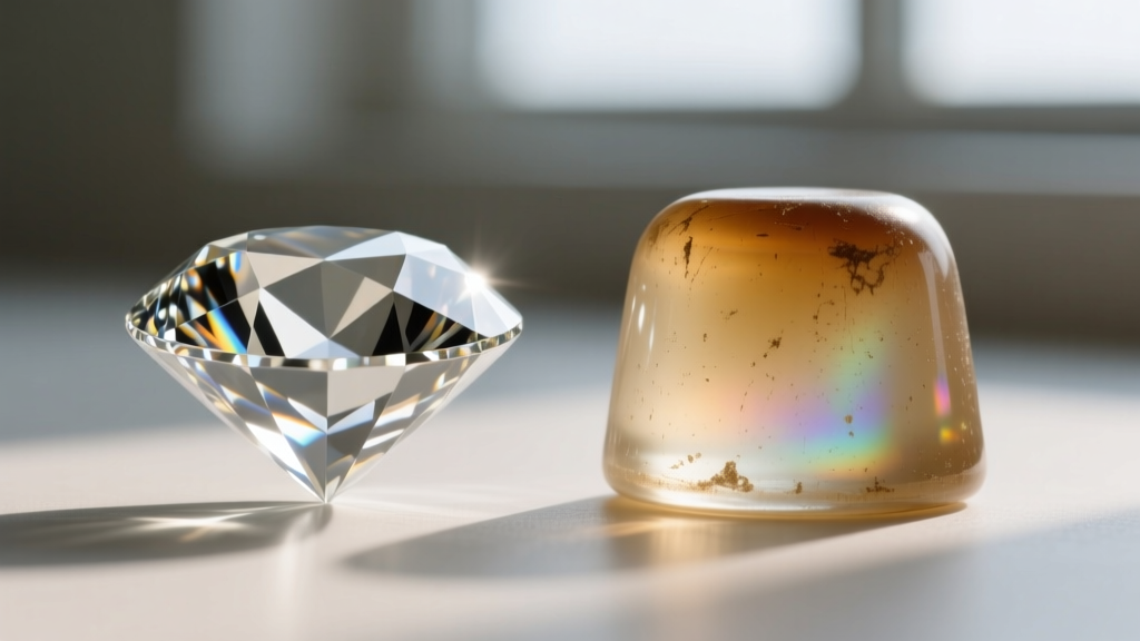 Macro photography comparing the sharp facet junctions of a natural diamond with the rounded, worn edges of vintage glass paste.