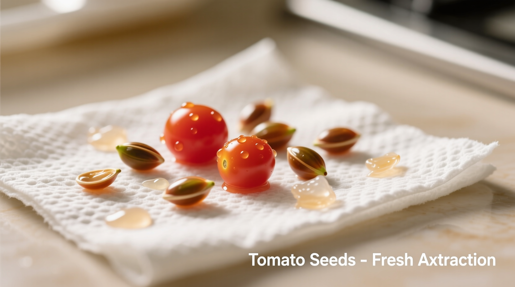 Tomato seeds extracted from ripe fruit on paper towel