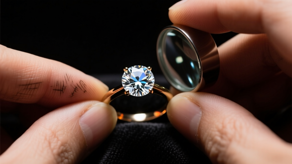 Macro view of a jeweler inspecting a round brilliant diamond ring with a loupe on dark velvet under warm studio lighting.