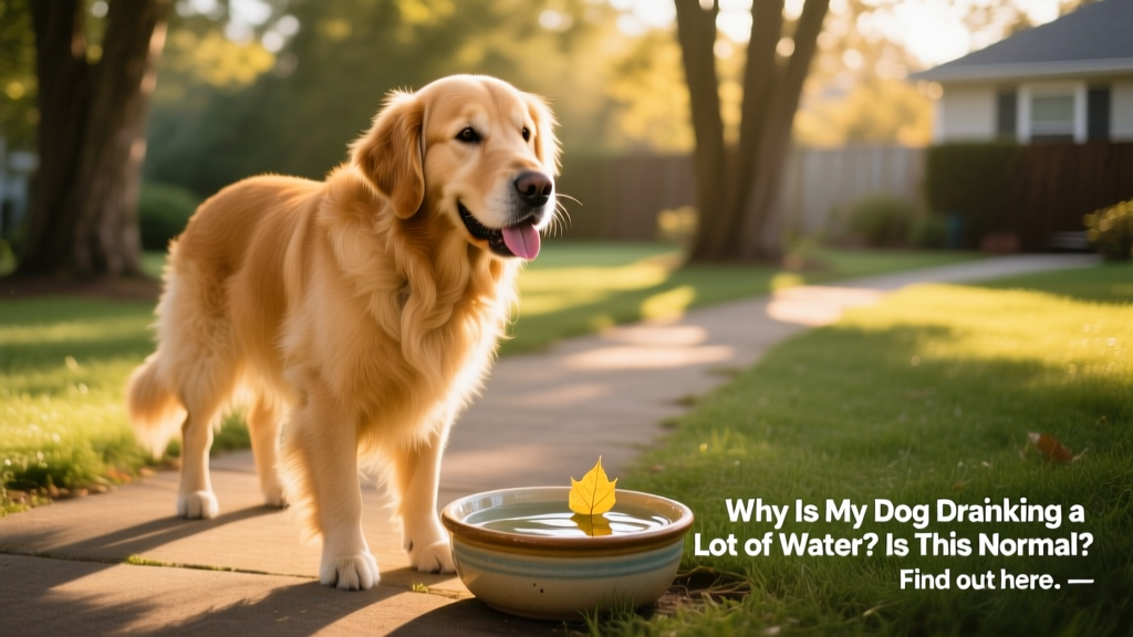 A golden retriever panting gently after a walk on a warm afternoon, with a water bowl nearby