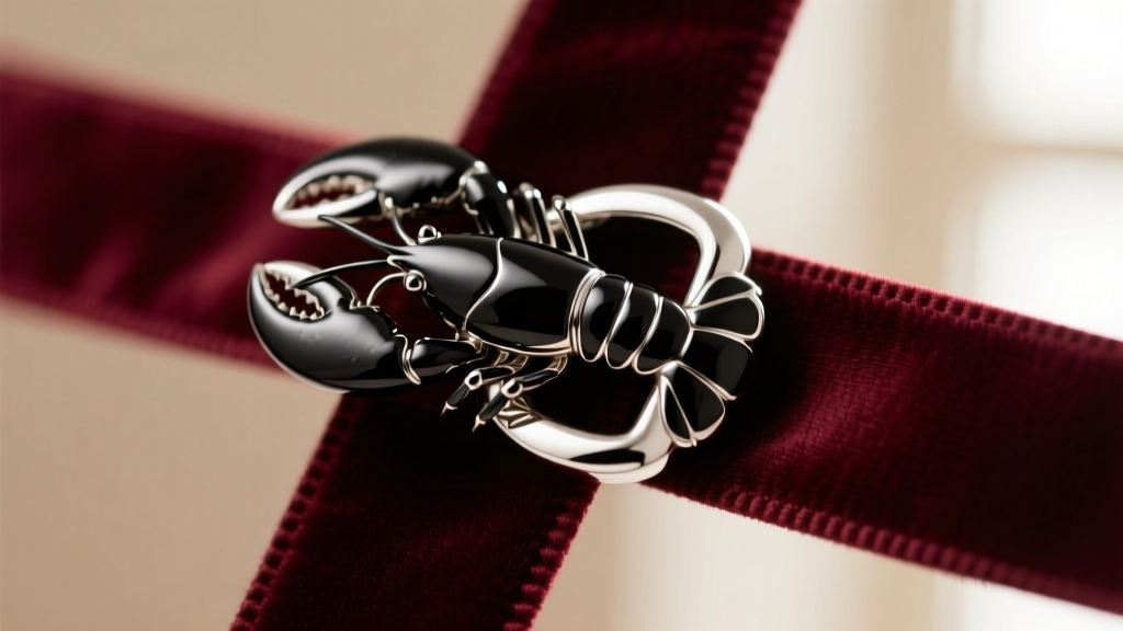 Macro shot of a black rhodium-plated sterling silver lobster clasp attached to a velvet ribbon, highlighting the dark metal.