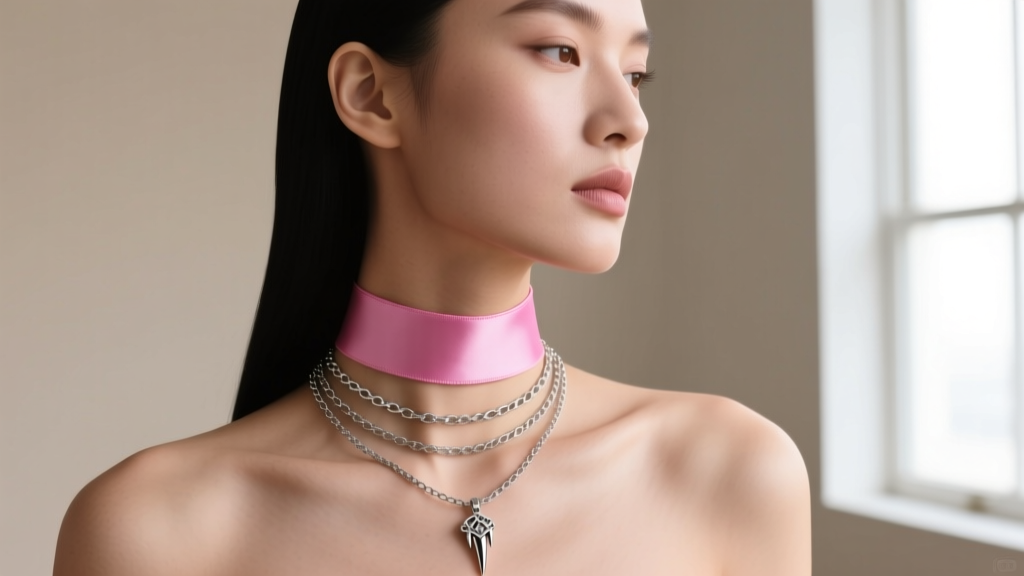 Layered necklace stack featuring a 14-inch pink ribbon choker and an 18-inch silver chain with small fang pendant on a model.