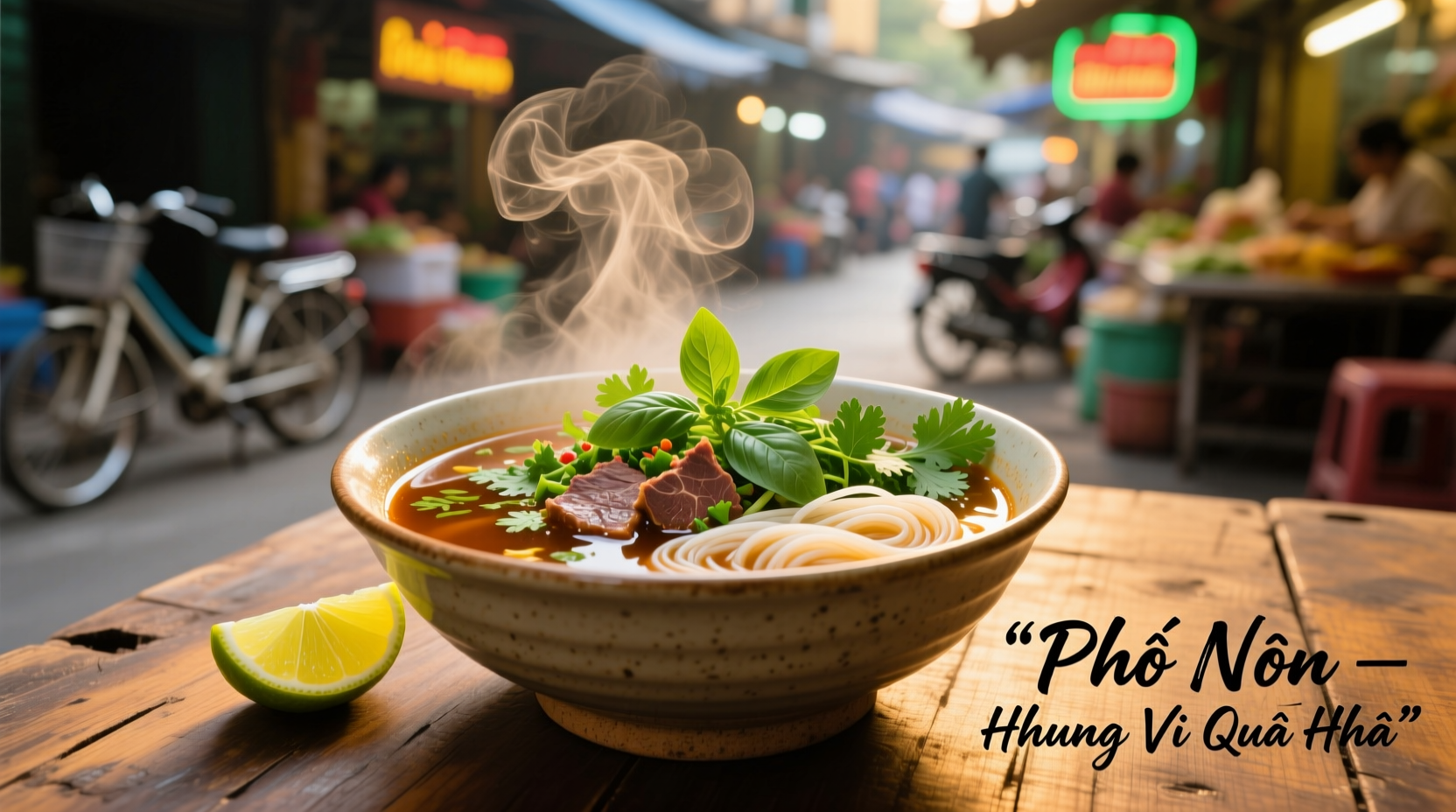 Bowl of steaming pho with fresh herbs and lime