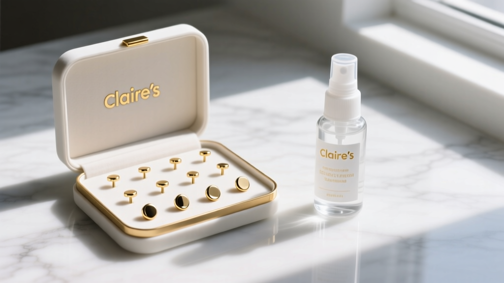 Open Claire's earring starter kit on marble, showing gold-plated surgical steel studs and a bottle of saline aftercare spray