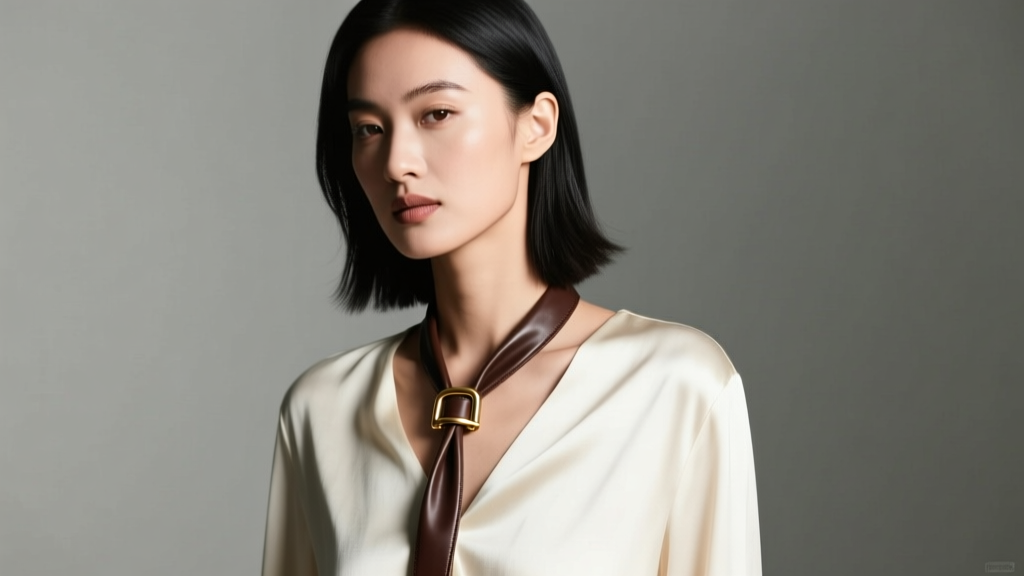 Model wearing a dark brown full-grain leather lariat necklace with a brass slider over a cream silk blouse, studio lighting