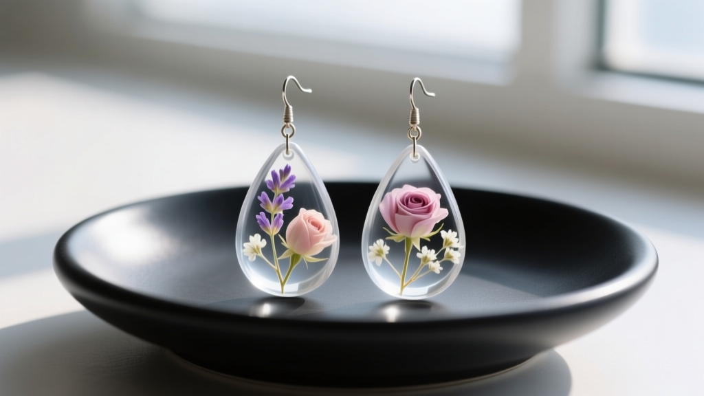 Translucent UV resin drop earrings with embedded dried flowers resting on a matte black ceramic dish in soft, natural lighting.