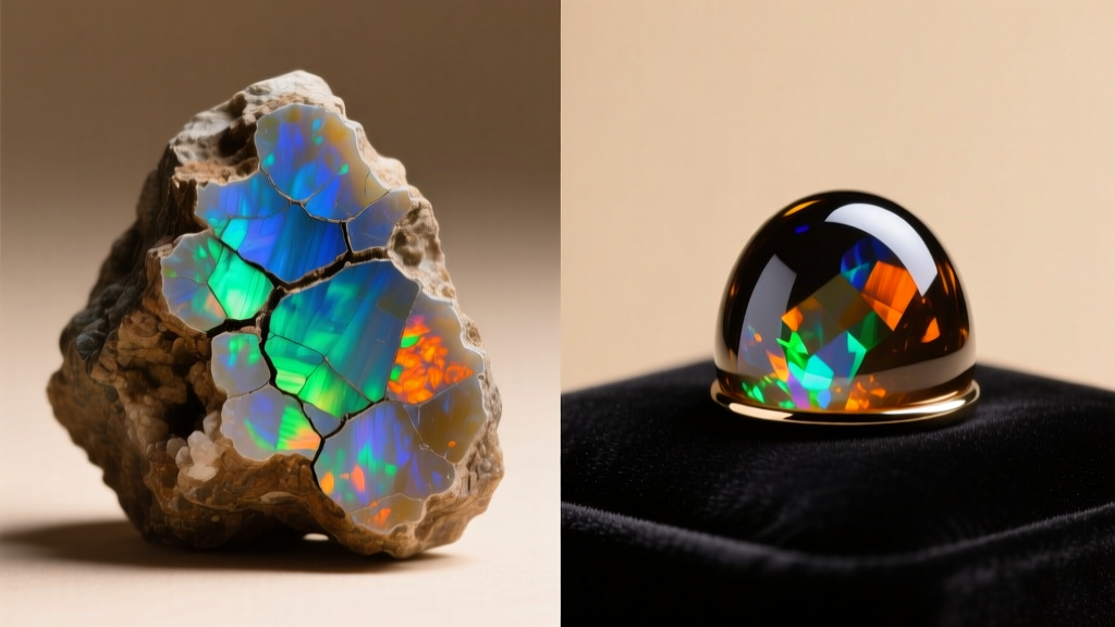 Side-by-side of raw Peruvian opal matrix with host rock and a polished, resin-stabilized opal cabochon ready for a necklace setting.