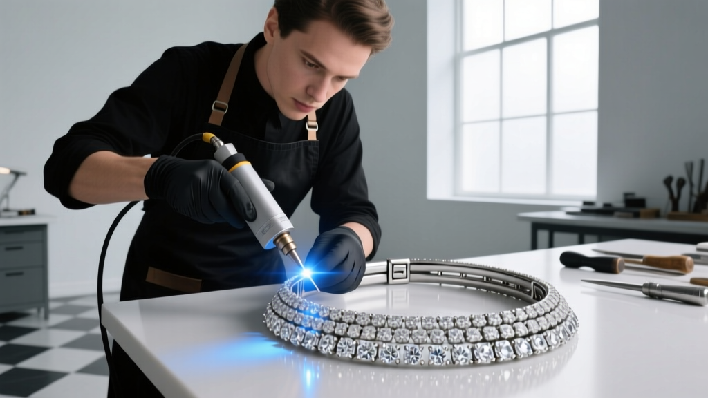 Jeweler using a laser welder to reinforce a platinum tongue-and-groove clasp on a heavy multi-strand diamond collar necklace.