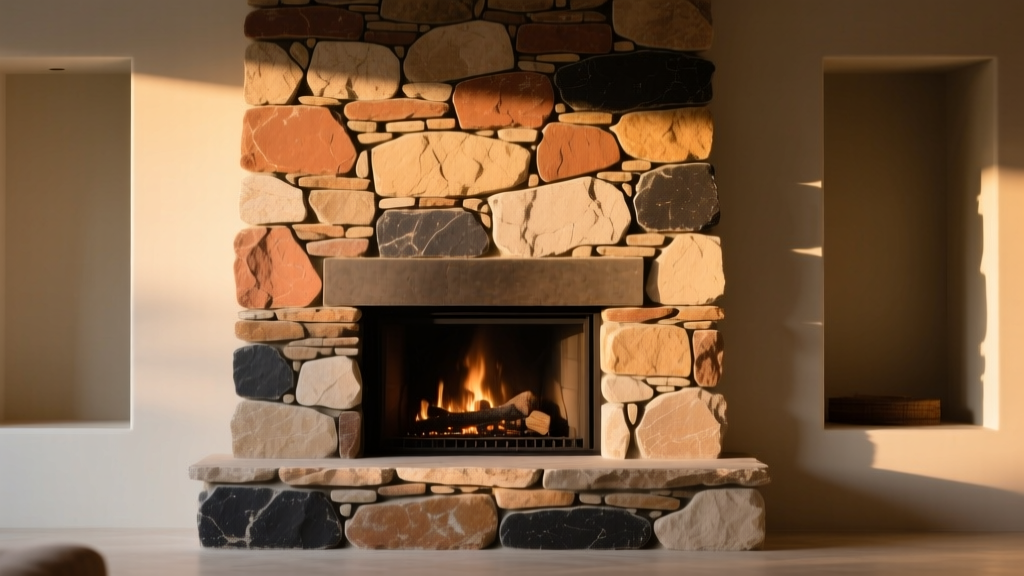 Rustic stacked stone veneer fireplace surround with warm lighting, highlighting detailed mortar joints and natural textures