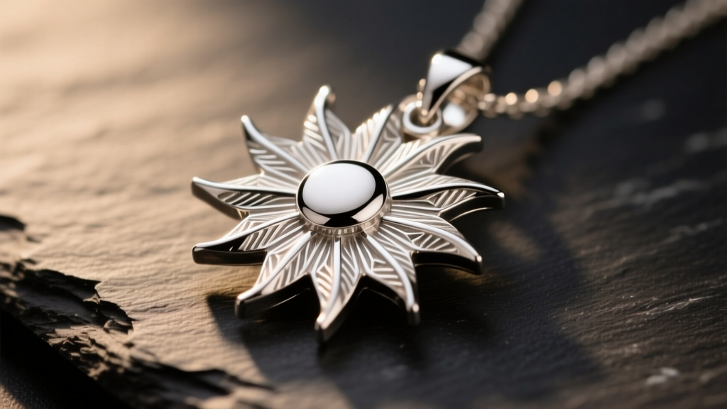 Close-up of a sterling silver sunburst pendant with intricate ray detailing resting on dark slate under warm directional lighting