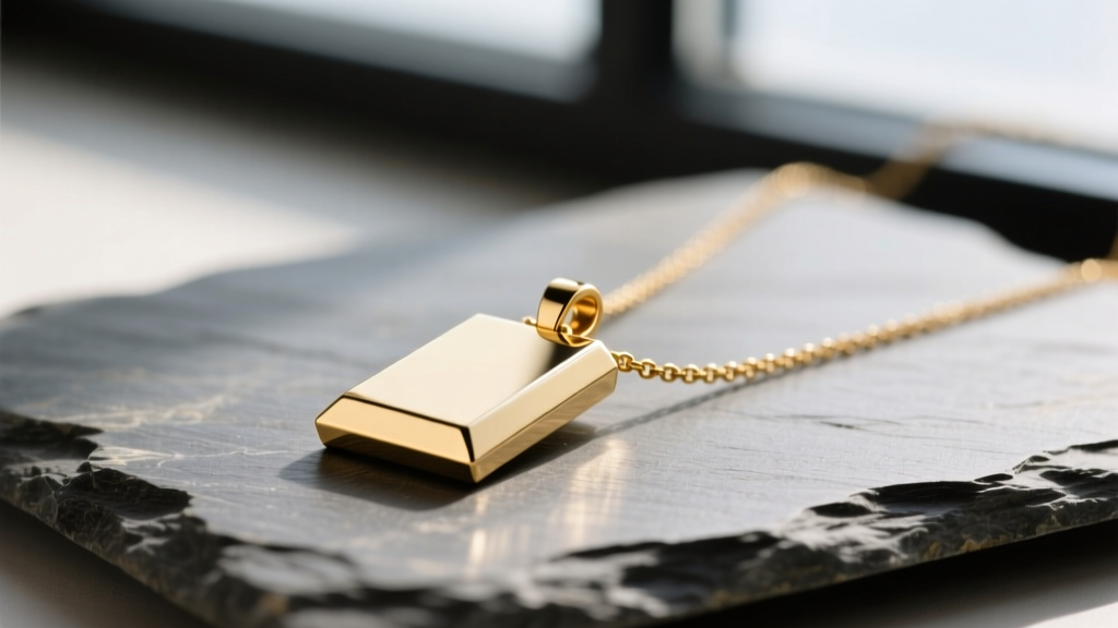 Macro shot of a 14k gold necklace with rectangular pendant on slate, emphasizing sharp corners and a flat reflective surface.