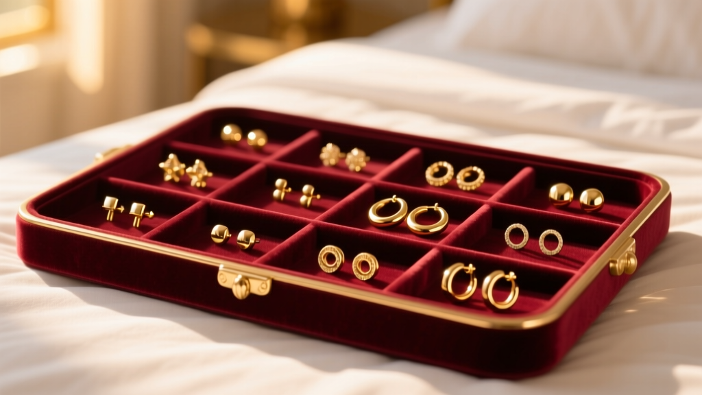 Velvet-lined jewelry tray with individual slots holding gold stud and hoop earrings, lit by soft, warm ambient bedroom lighting