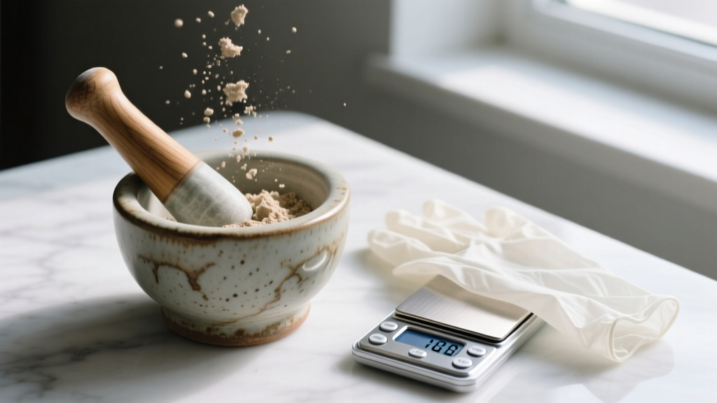 Close-up of a ceramic mortar and pestle crushing cremains into fine powder, alongside nitrile gloves and a digital jewel scale.
