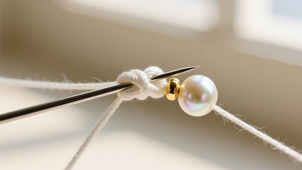 Macro shot of a steel beading awl tightening a white silk overhand knot between a lustrous pearl and a small gold spacer bead.