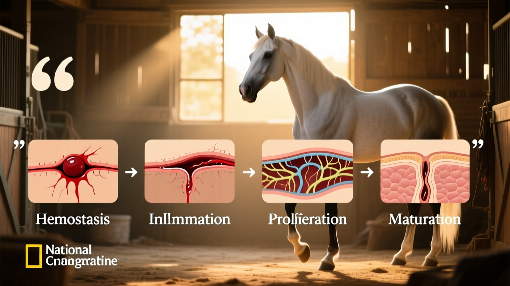 Diagram illustrating the four stages of wound healing in horses: hemostasis, inflammation, proliferation, and maturation