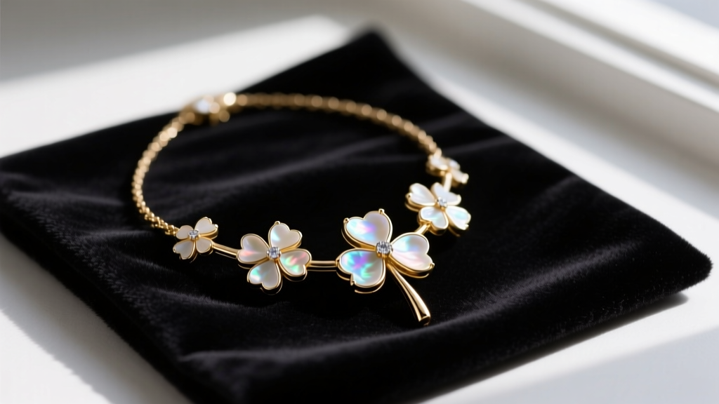 Close-up of an 18k white gold clover necklace with mother-of-pearl inlay resting on a dark velvet jewelry cleaning cloth.