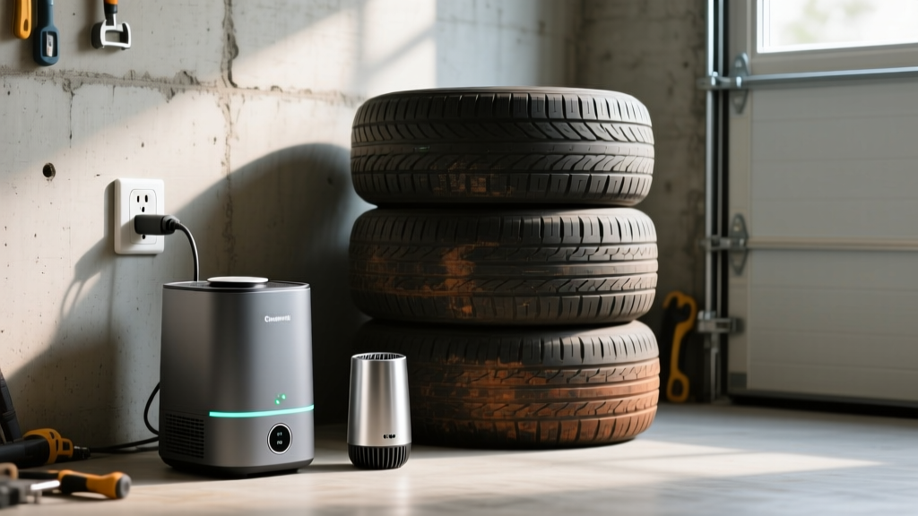 Compact smart dehumidifier and ultrasonic pest repeller plugged into a garage wall outlet next to stacked all-terrain vehicle tires