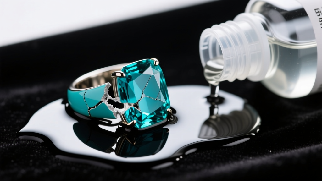 Close-up of a damaged turquoise ring with cracked matrix next to a spilled bottle of harsh liquid silver cleaner on dark velvet.
