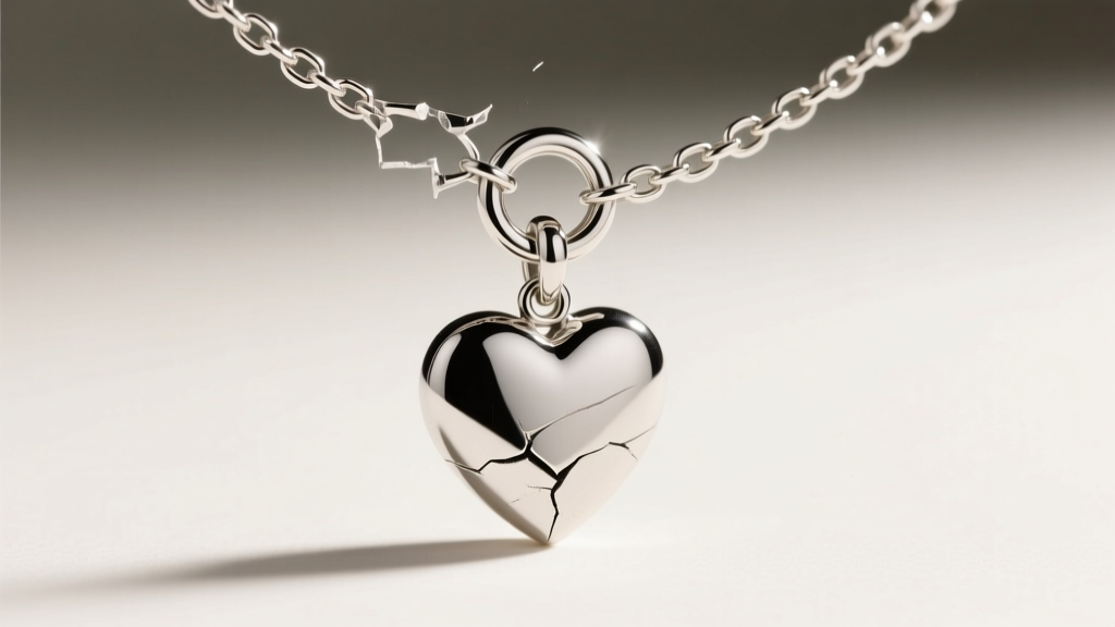 Close-up of a broken sterling silver necklace chain with a heart pendant, showing a severed jump ring under bright studio lighting