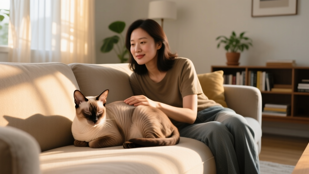 A serene spayed adult cat curled up beside her owner on the couch, illustrating trust and comfort in daily life