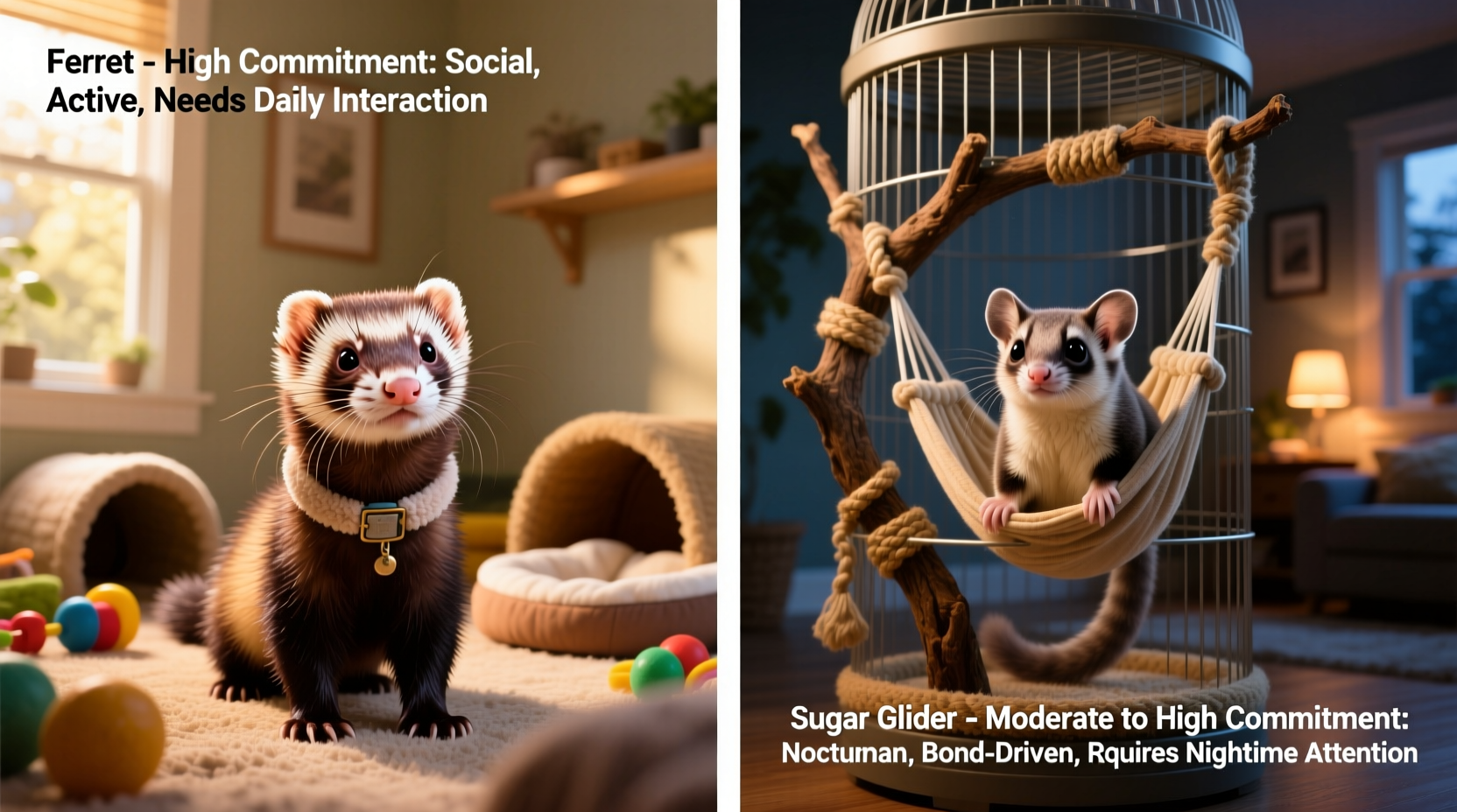 ferret vs sugar glider exotic pet commitment level compared