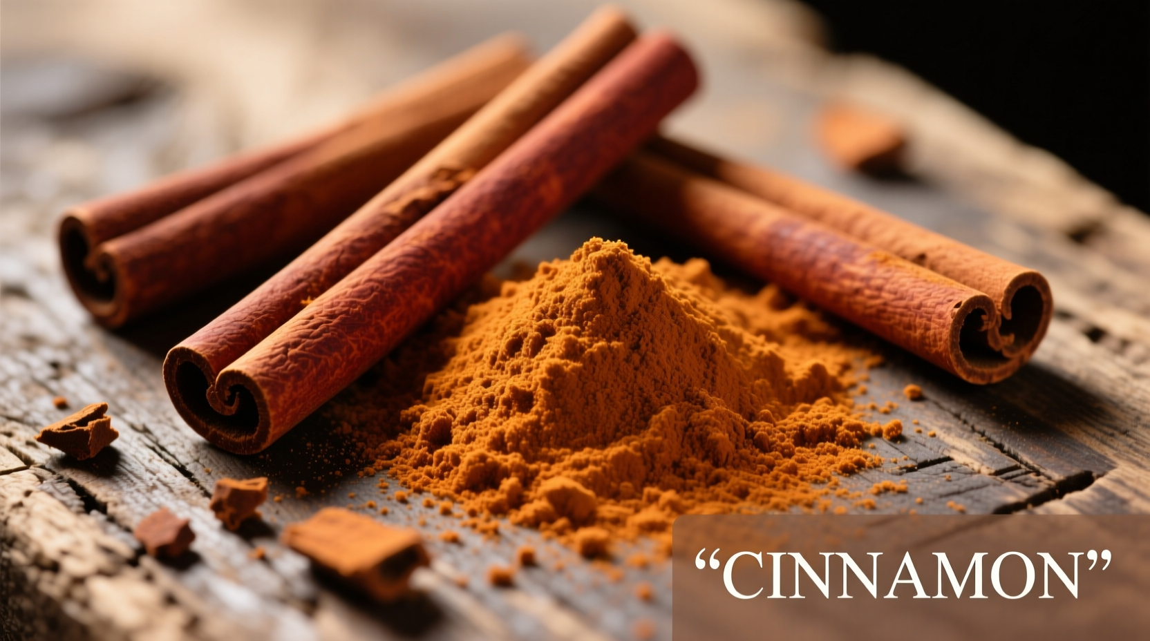 Stecca di cannella fresca e polvere su superficie di legno
