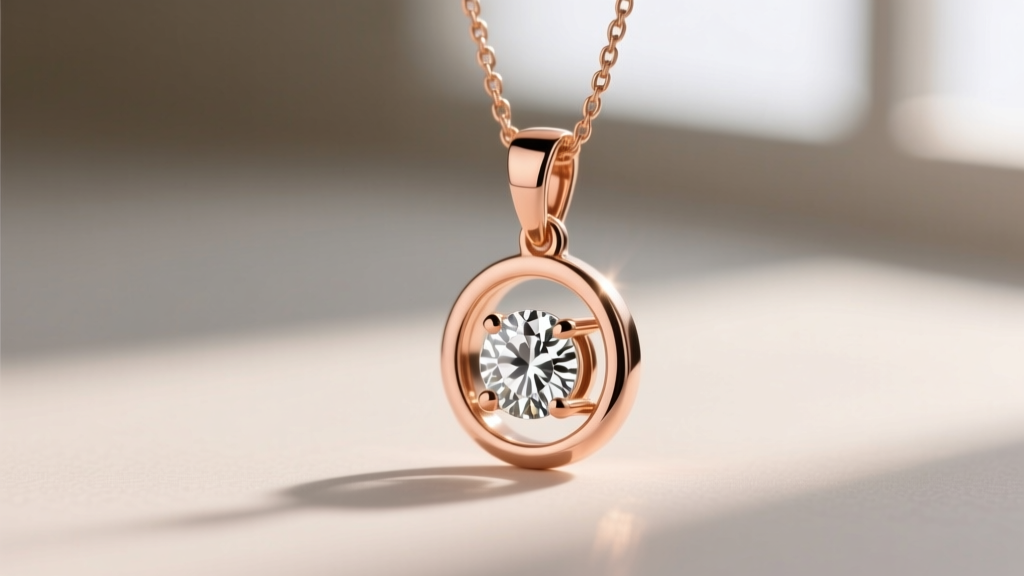 Side profile of an 18k rose gold Chai pendant showing 2mm thickness, bezel-set diamond, and a brushed matte background.