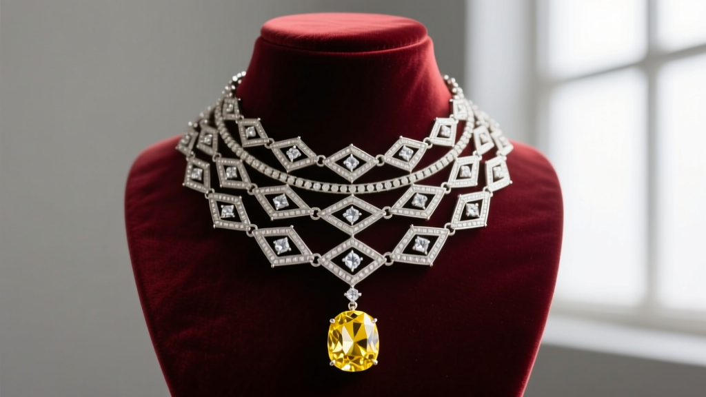 Multi-tiered Patiala diamond necklace on velvet bust, featuring Art Deco platinum links and a central yellow diamond drop pendant.