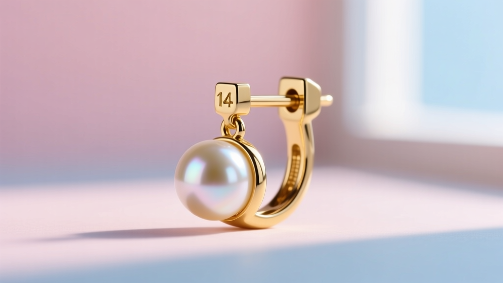 Side view of a 14k gold earring post with a friction back, holding a round Akoya pearl against a softly blurred pastel background.