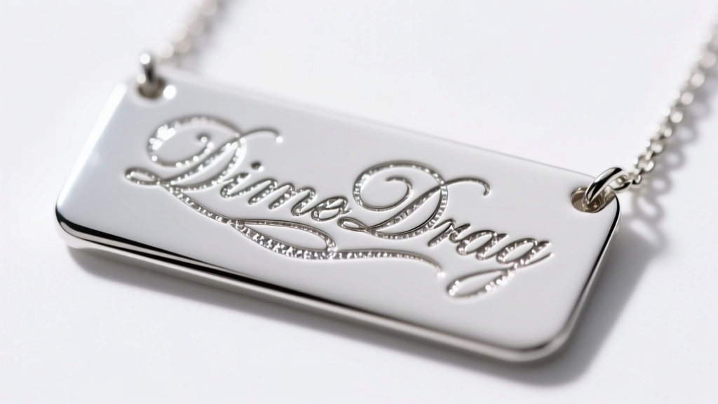 Macro shot of deep diamond-drag cursive engraving on a polished sterling silver ID necklace plate under bright studio lighting.
